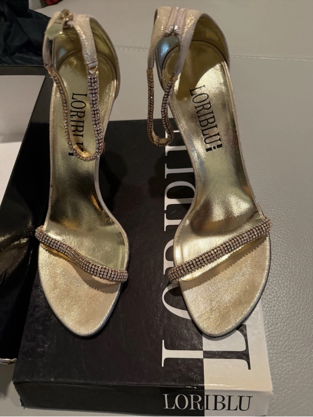 Loriblu Metallic Gold Rhinestone-Strap Stiletto Sandals